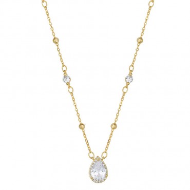 Ασημένιο επίχρυσο κολιέ με πέτρα σε σχήμα δάκρυ και διακοσμητικές λεπτομέρειες στην αλυσίδα