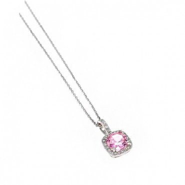 Ασημένιο κολιέ τετράγωνη ροζέτα με ροζ πέτρα ζιργκόν