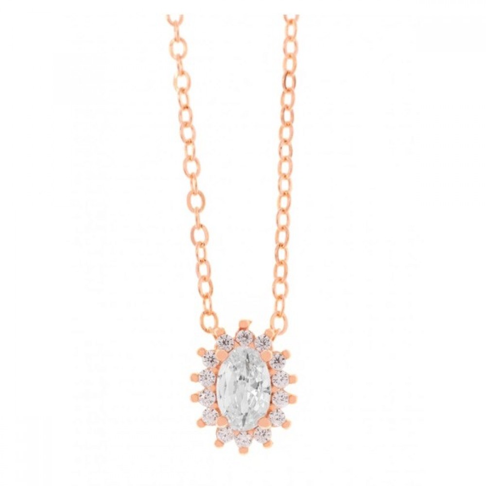 Ασημένιο κολιέ ροζέτα με επιχρύσωση ροζ χρυσού και λευκές πέτρες Ασημένιο κολιέ ροζέτα με επιχρύσωση ροζ χρυσού και λευκές πέτρες