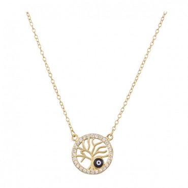 Ασημένιο επίχρυσο κολιέ με το δέντρο της ζωής και μάτι