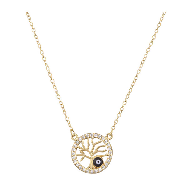 Ασημένιο επίχρυσο κολιέ με το δέντρο της ζωής και μάτι