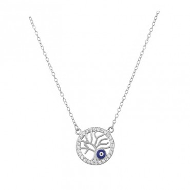Ασημένιο επιπλατινωμένο κολιέ με το δέντρο της ζωής και ματάκι