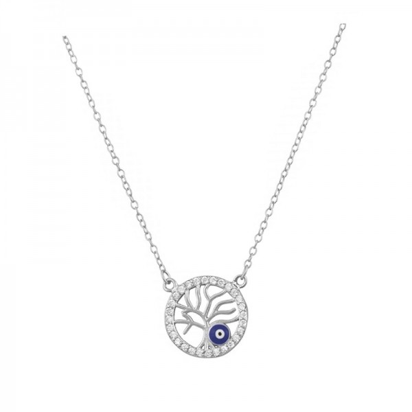 Ασημένιο επιπλατινωμένο κολιέ με το δέντρο της ζωής και ματάκι