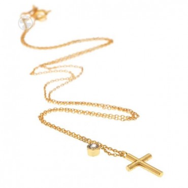Ασημένιο και επιχρυσωμένο κολιέ με μικρό σταυρό και πέτρα ζιργκόν στην αλυσίδα 