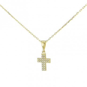 Ασημένιο επίχρυσο κολιέ με μικρό σταυρό με πέτρες ζιργκόν