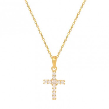 Ασημένιο επίχρυσο κολιέ με σταυρό με πέτρες ζιργκόν