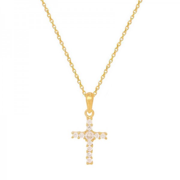 Ασημένιο επίχρυσο κολιέ με σταυρό διακοσμημένο με πέτρες ζιργκόν
