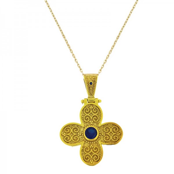 Ασημένιο επίχρυσο κολιέ με βυζαντινό σταυρό διακοσμημένο με μπλε πέτρα 