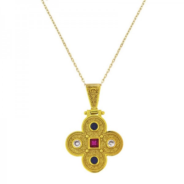 Ασημένιο επίχρυσο κολιέ με μεγάλο βυζαντινό σταυρό 