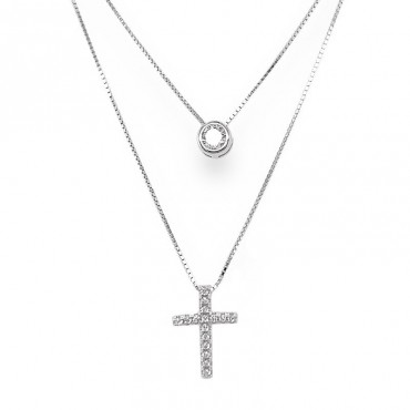 Ασημένιο διπλό κολιέ με σταυρό και πέτρα ζιργκόν 