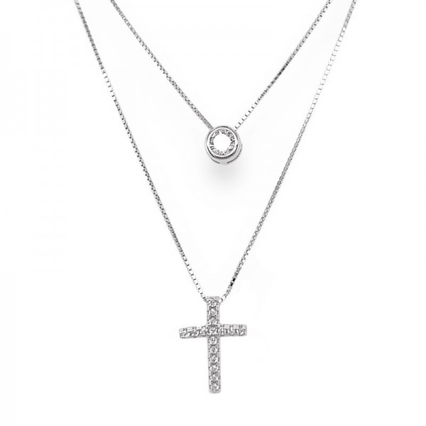 Ασημένιο διπλό κολιέ με σταυρό και πέτρα ζιργκόν 