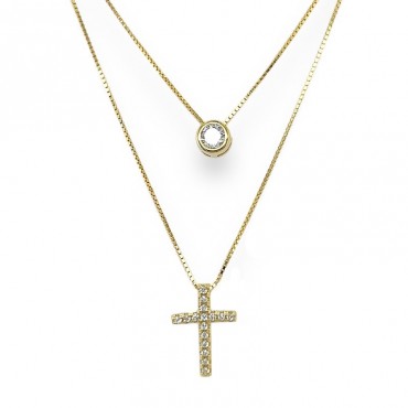 Ασημένιο διπλό κολιέ με σταυρό και πέτρα ζιργκόν επιχρυσωμένο