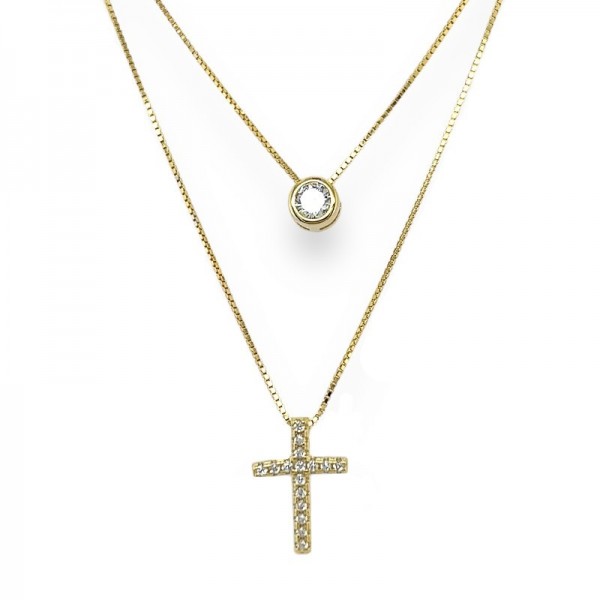 Ασημένιο διπλό κολιέ με σταυρό και πέτρα ζιργκόν επιχρυσωμένο