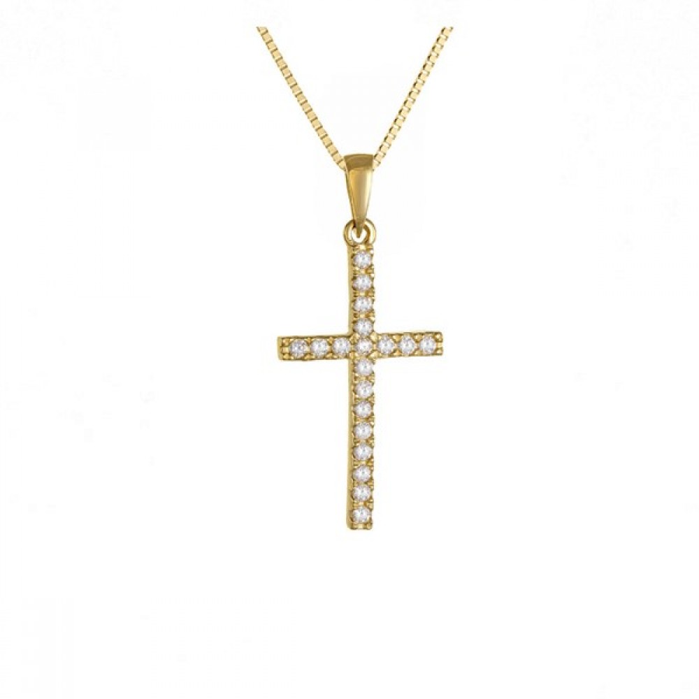 Ασημένιο επίχρυσο κολιέ με λεπτό σταυρό με πέτρες ζιργκόν Ασημένιο επίχρυσο κολιέ με λεπτό σταυρό με πέτρες ζιργκόν