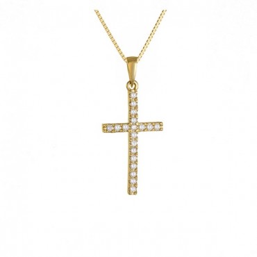 Ασημένιο επίχρυσο κολιέ με λεπτό σταυρό με πέτρες ζιργκόν
