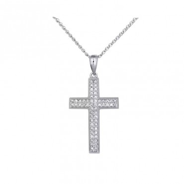 Ασημένιο κολιέ με σταυρό πλαισιωμένος με λευκές πέτρες ζιργκόν