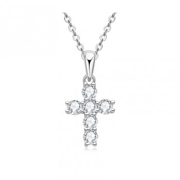 Ασημένιο κολιέ με σταυρό με λευκές πέτρες ζιργκόν