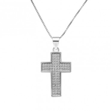 Ασημένια αλυσίδα με σταυρό διακοσμημένος με τρεις σειρές πέτρες ζιργκόν 
