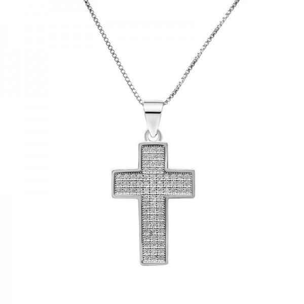 Ασημένια αλυσίδα με σταυρό διακοσμημένος με τρεις σειρές πέτρες ζιργκόν 