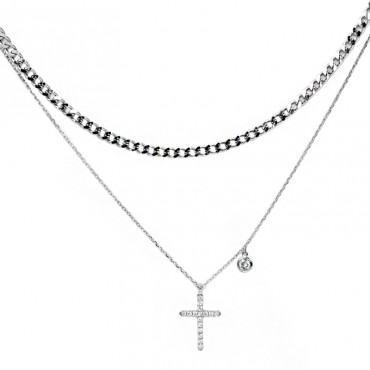 Ασημένιο διπλό κολιέ με φαρδιά αλυσίδα και κρεμαστό σταυρό 