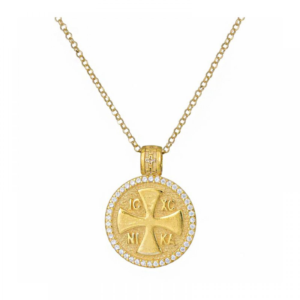 Ασημένιο και επιχρυσωμένο φυλαχτό - Κωνσταντινάτο διπλής όψεως με πέτρες ζιργκόν Ασημένιο και επιχρυσωμένο φυλαχτό - Κωνσταντινάτο διπλής όψεως με πέτρες ζιργκόν