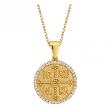 Ασημένιο και επιχρυσωμένο μεγάλο φυλαχτό - Κωνσταντινάτο διπλής όψεως με πέτρες ζιργκόν Ασημένιο και επιχρυσωμένο μεγάλο φυλαχτό - Κωνσταντινάτο διπλής όψεως με πέτρες ζιργκόν