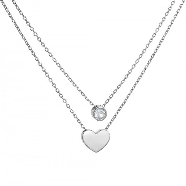 Ασημένιο διπλό κολιέ με καρδιά και πέτρα ζιργκόν