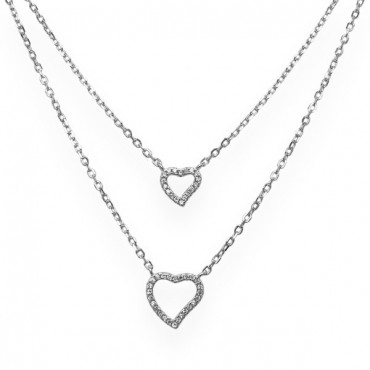 Ασημένιο διπλό κολιέ με καρδιές με λευκές πέτρες ζιργκόν