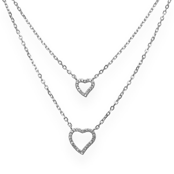 Ασημένιο διπλό κολιέ με καρδιές με λευκές πέτρες ζιργκόν