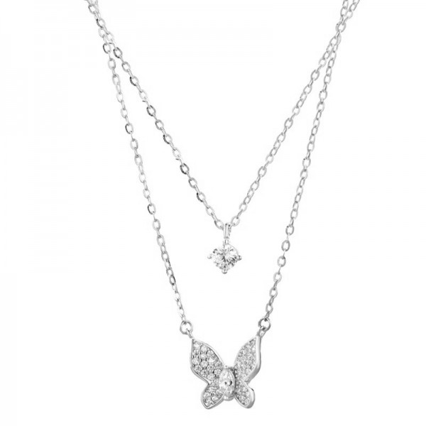 Ασημένιο διπλό κολιέ με πεταλούδα και πέτρα ζιργκόν 
