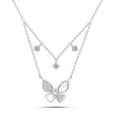 Ασημένιο διπλό κολιέ με πεταλούδα και πέτρες ζιργκόν