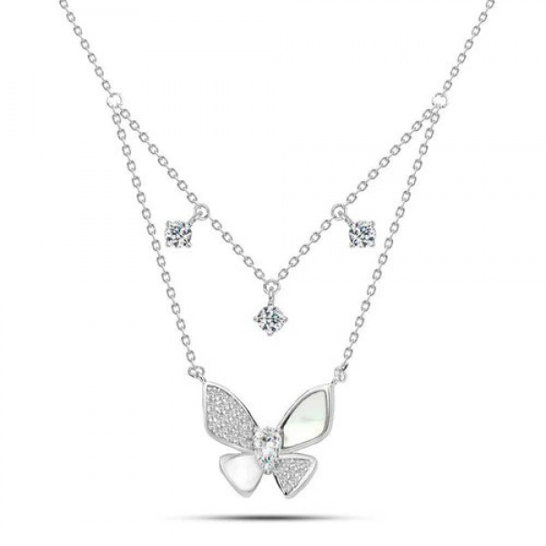 Ασημένιο διπλό κολιέ με πεταλούδα και πέτρες ζιργκόν