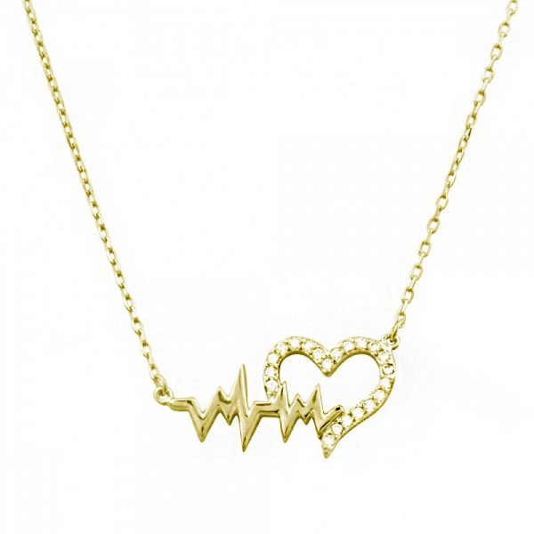 Ασημένιο επίχρυσο κολιέ με καρδιά και καρδιογράφημα 