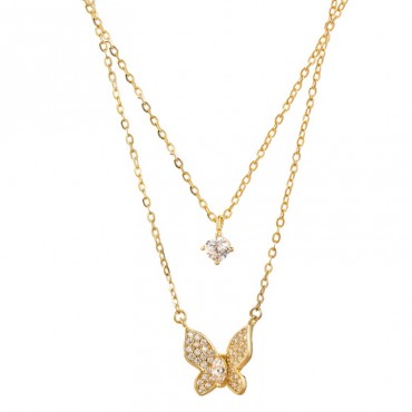 Ασημένιο διπλό κολιέ με πεταλούδα και πέτρα ζιργκόν επιχρυσωμένο 