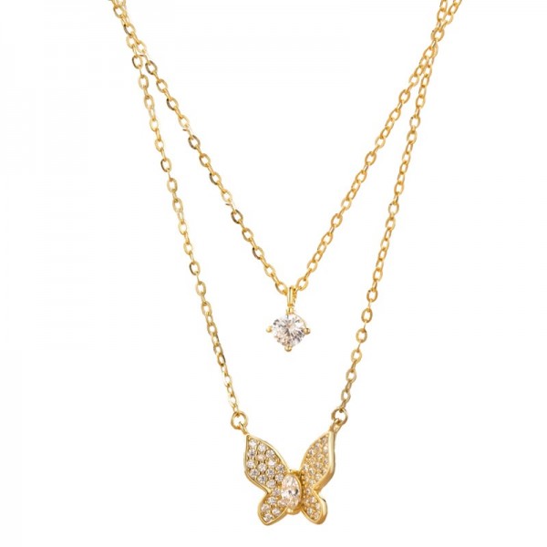 Ασημένιο διπλό κολιέ με πεταλούδα και πέτρα ζιργκόν επιχρυσωμένο 