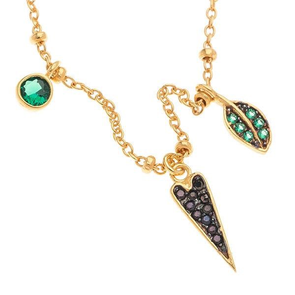 Ασημένιο επίχρυσο κολιέ με καρδιά και φύλλο με πράσινες πέτρες