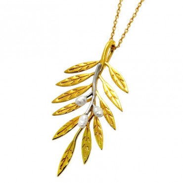 Ασημένιο με επιχρύσωση 24Κ χειροποίητο κολιέ με κλαδί ελιάς 