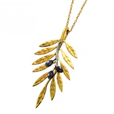 Ασημένιο κολιέ με κρεμαστό κλαδί ελιάς , χειροποίητο με επιχρύσωση 24Κ