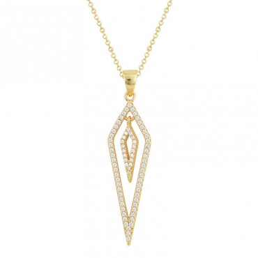 Ασημένιο επίχρυσο κολιέ με δύο ρόμβους από λευκές πέτρες ζιργκόν