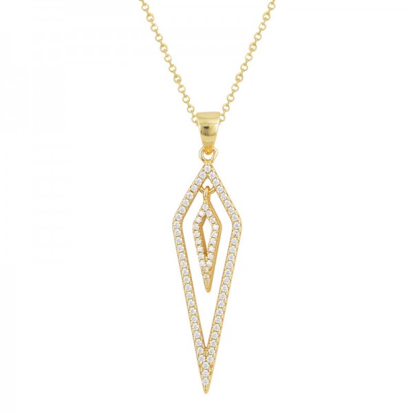 Ασημένιο επίχρυσο κολιέ με δύο ρόμβους από λευκές πέτρες ζιργκόν