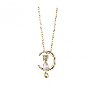 Ασημένιο διακριτικό κολιέ με γάτα σε ημισέληνο επιχρυσωμένο 