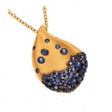 Ασημένιο επίχρυσο κολιέ με σχήμα σταγόνας και μπλε πέτρες ζιργκόν