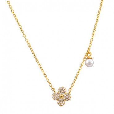 Ασημένιο επίχρυσο κολιέ με λουλούδι και μικρή πέρλα 