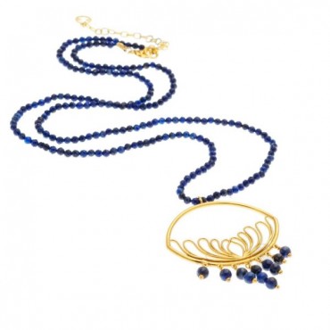 Ασημένιο και επιχρυσωμένο μακρύ κολιέ με ημιπολύτιμες πέτρες λάπις λάζουλι