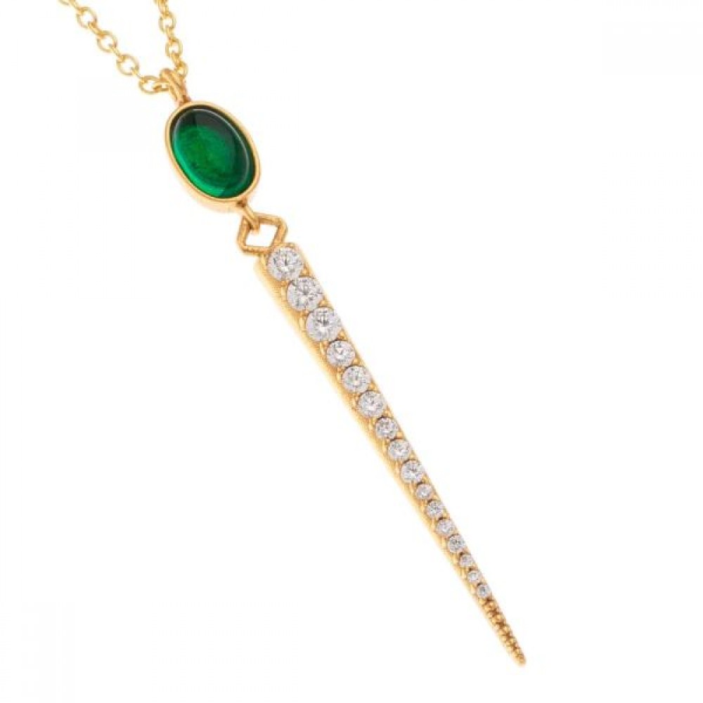 Ασημένιο και επιχρυσωμένο μακρύ κολιέ με σμαραγδί πέτρα και λευκά ζιργκόν Ασημένιο και επιχρυσωμένο μακρύ κολιέ με σμαραγδί πέτρα και λευκά ζιργκόν