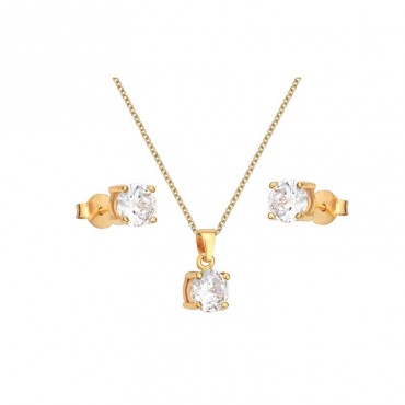 Ασημένιο επίχρυσο μονόπετρο σετ (κολιέ - σκουλαρίκια) με λευκές πέτρες ζιργκόν 