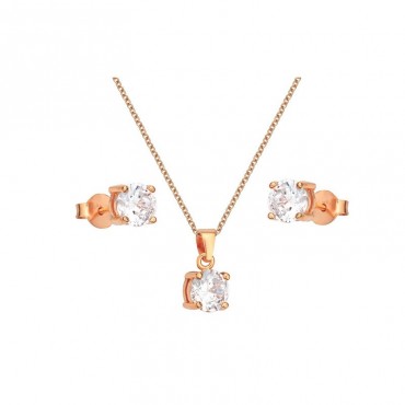 Ασημένιο με επιχρύσωση ροζ χρυσού σετ (κολιέ - σκουλαρίκια) με πέτρες ζιργκόν