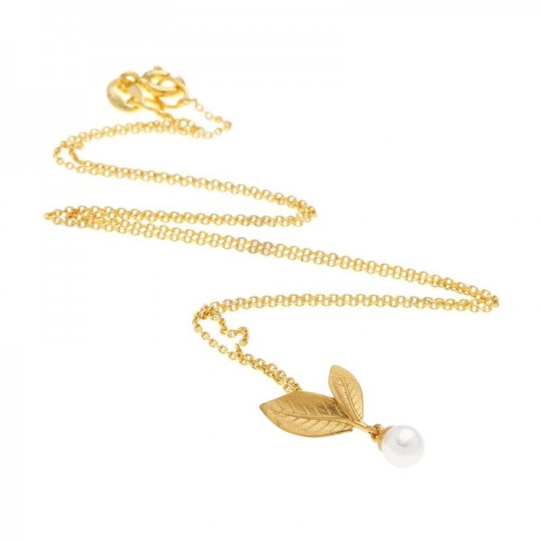 Ασημένιο επίχρυσο κολιέ με φύλλο και κρεμαστή πέρλα 