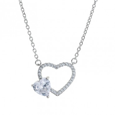 Ασημένιο κολιέ με διπλή καρδιά και πέτρες ζιργκόν
