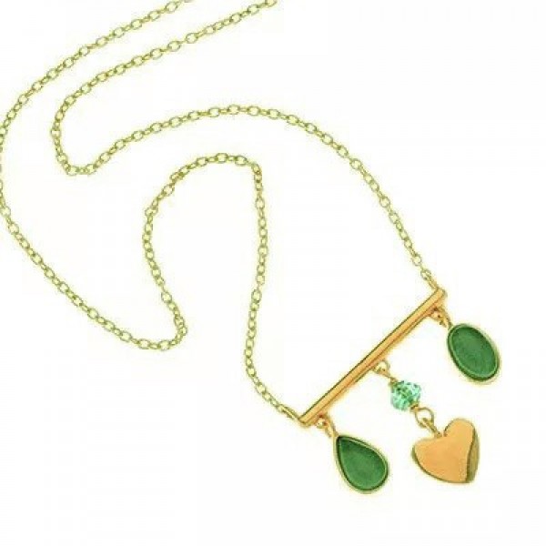 Ασημένιο επίχρυσο κολιέ με καρδιά και πράσινα κρύσταλλα 